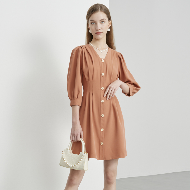 【粉丝专享】恩曼琳春夏新品五分袖灯笼袖通勤开衫收腰连衣裙