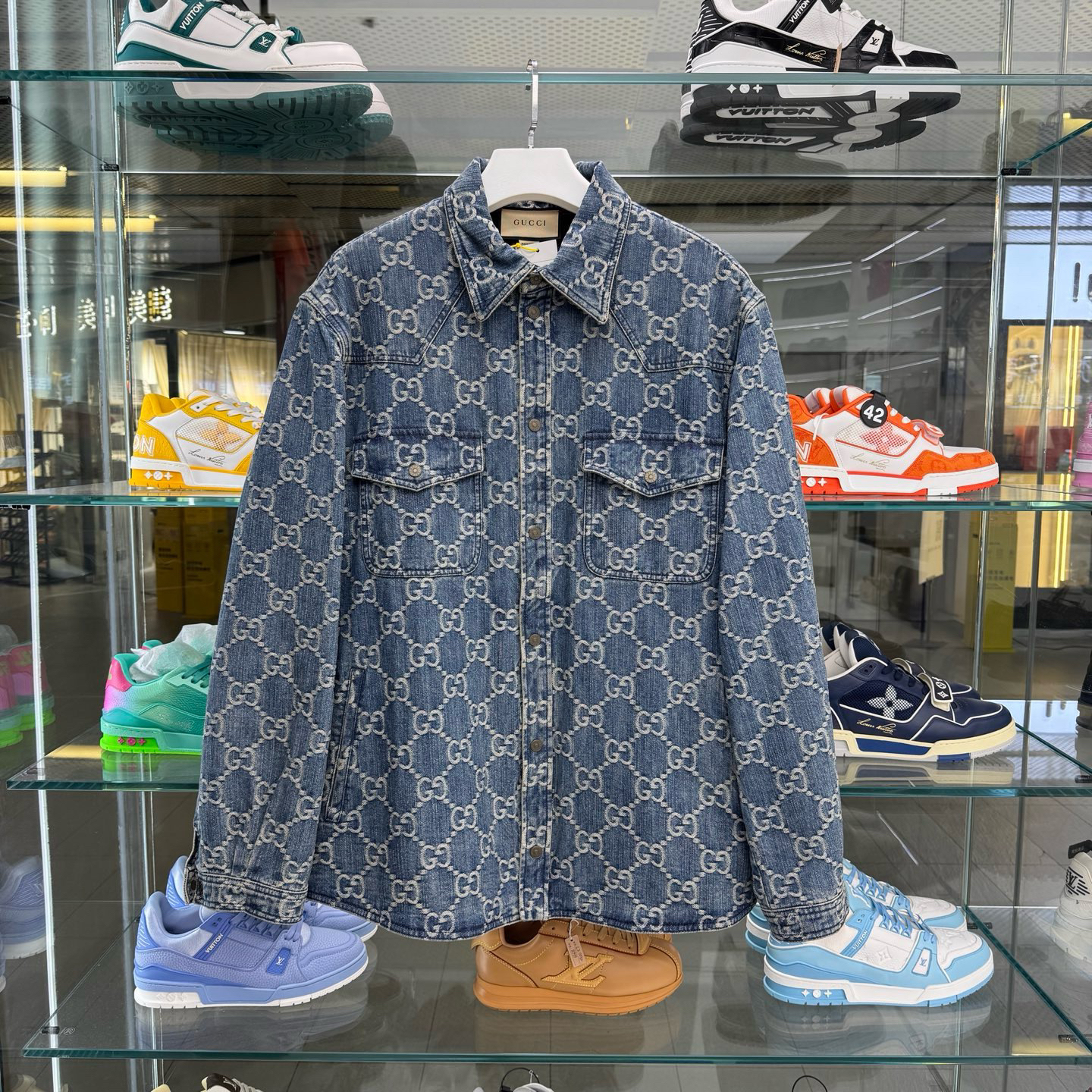 99新 GUCCI/古驰 56码 满印牛仔外套 夹棉厚款 蓝色牛仔