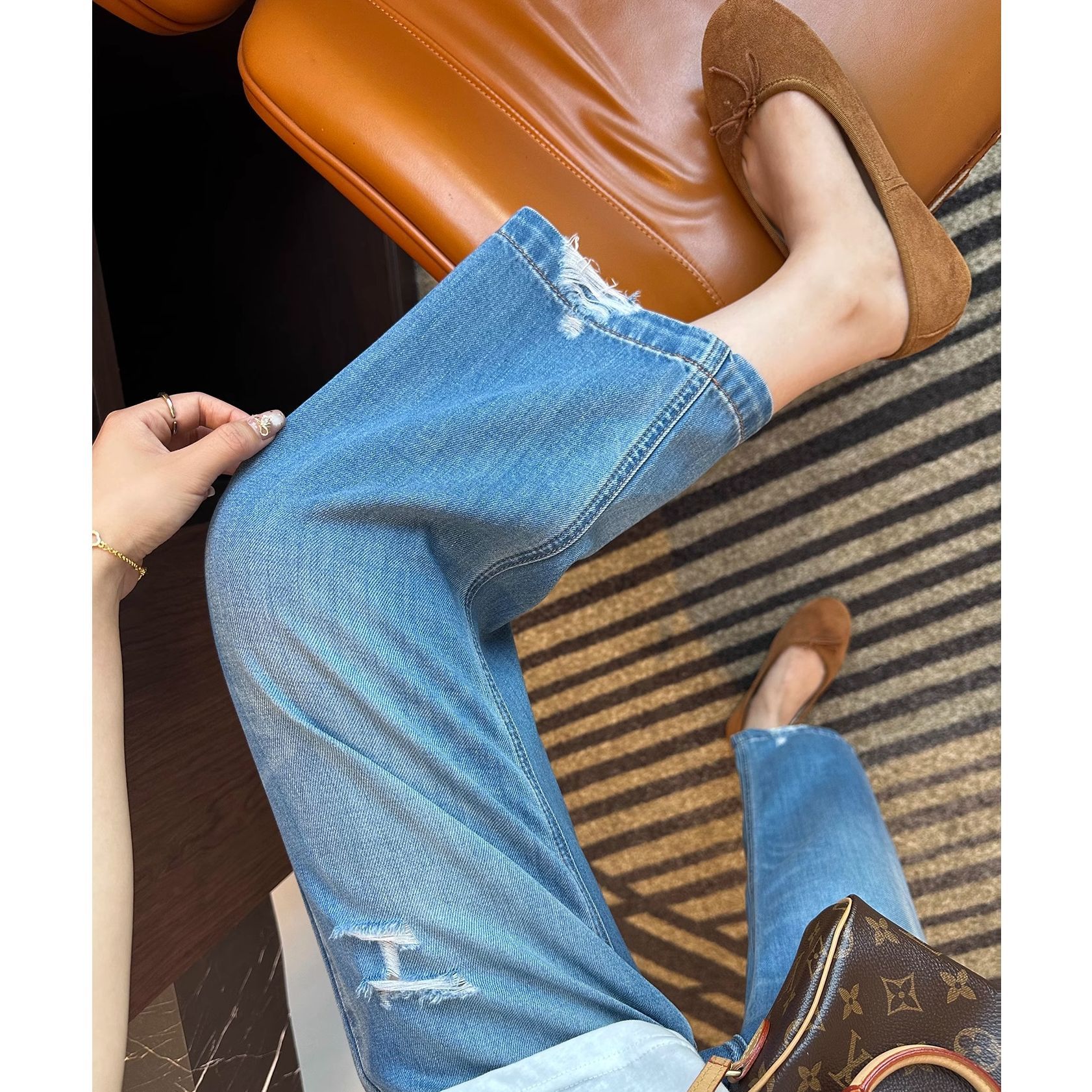 凉感天丝破洞九分直筒牛仔裤女秋季新款梨形身材宽松显瘦阔腿裤子