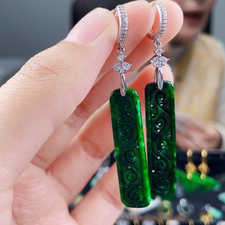 翡翠耳饰银S925镶嵌饰品