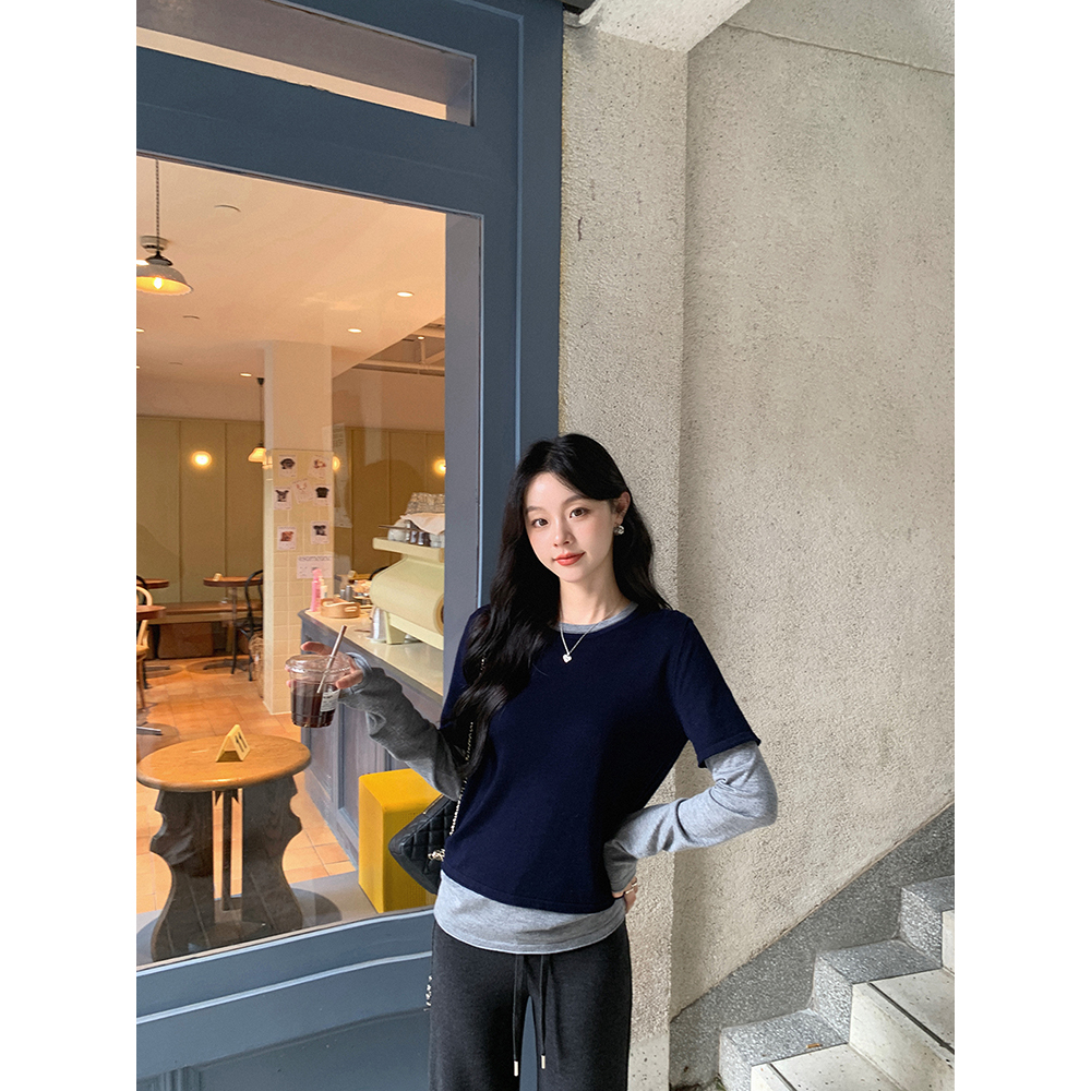 张贝贝 miu系欧尼 绵羊毛 假两件撞色叠穿t