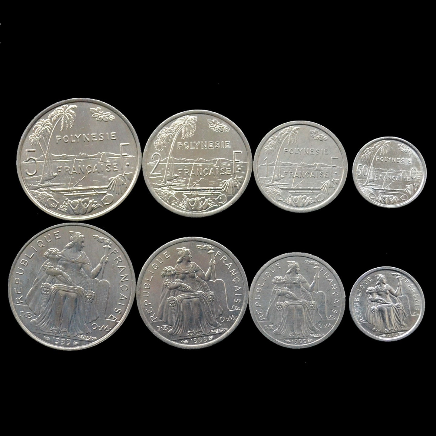 法属波利尼西亚4枚1套硬币 50分-5法郎 年份随机 大洋洲钱币 全新
