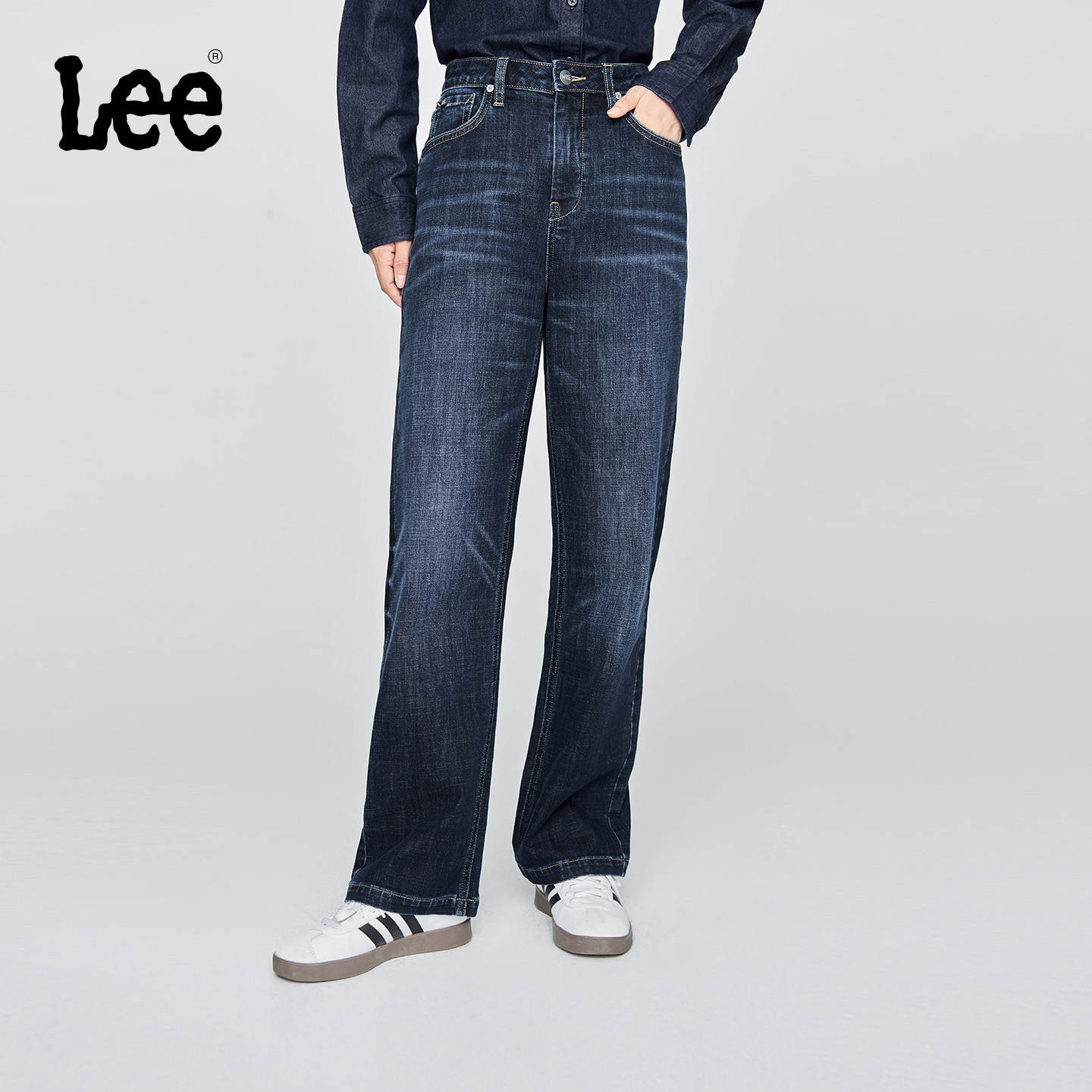 【张凌赫代言】Lee25早秋429标准中腰直脚五袋款深蓝女牛仔裤