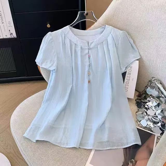法式夏季新款甜美小清新圆领上衣娃娃衫宽松显瘦气质纯色短袖衬衫
