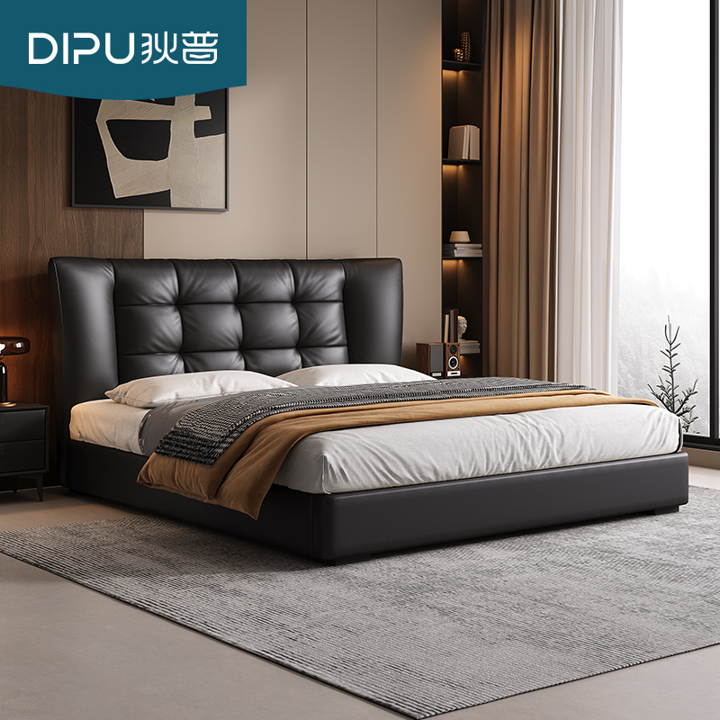 狄普意式简约储物真皮床现代头层牛皮大气新款高端软包双人皮床