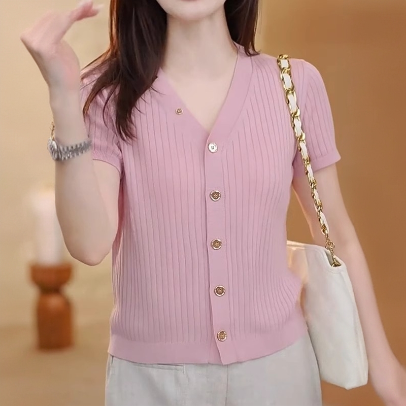 新款冰丝V领针织打底衫夏季上衣宽松遮肉镂空凉感小衫薄款少女风