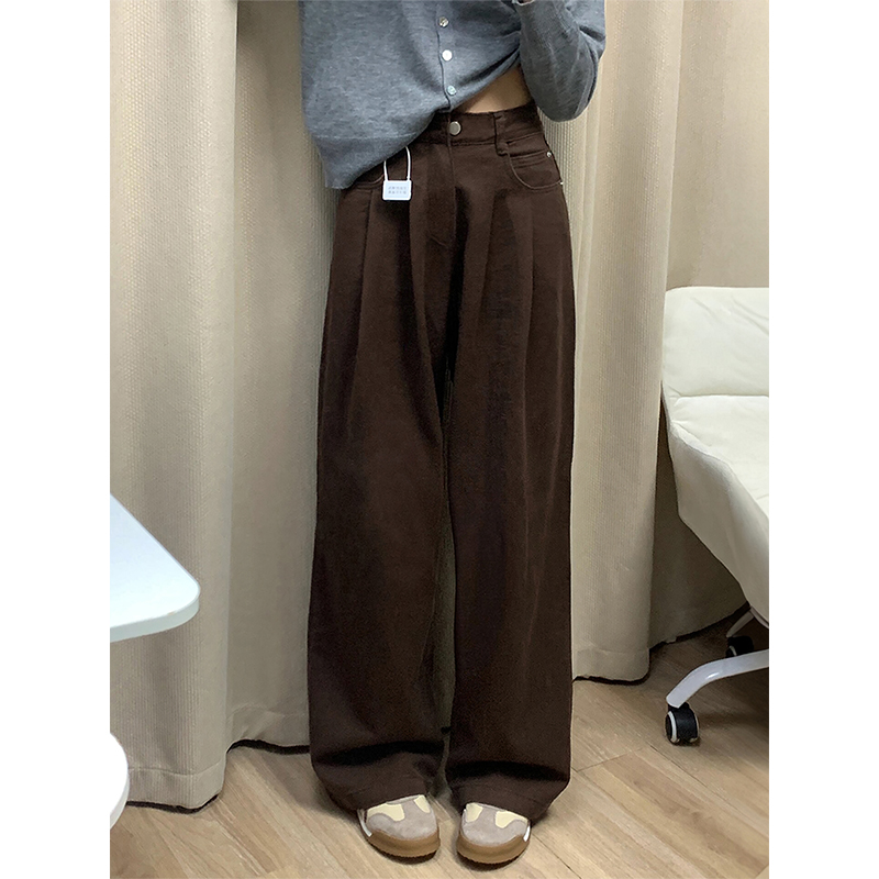 棕色高腰褶皱阔腿牛仔裤女2025秋季流光色新款宽松显瘦垂感拖地裤