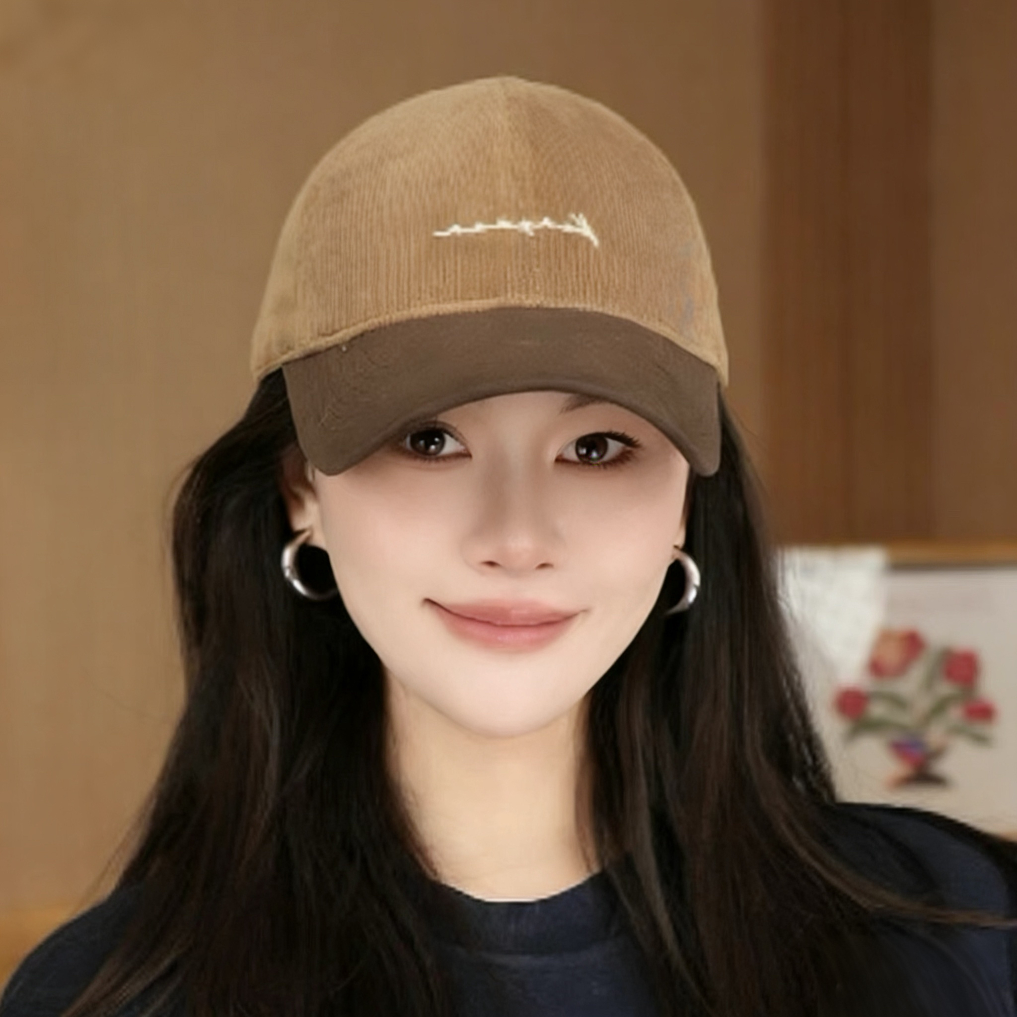 潮流休闲棒球帽女灯芯绒字母秋冬款时尚拼接个性百搭鸭舌帽帽子