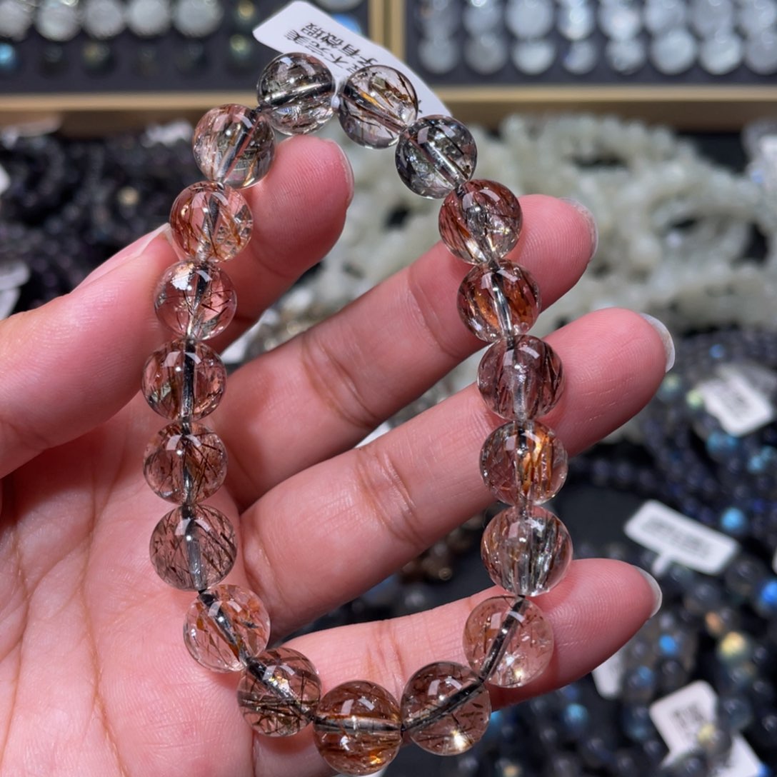 发晶手链未镶嵌啦**噜黑金超七手链10mm