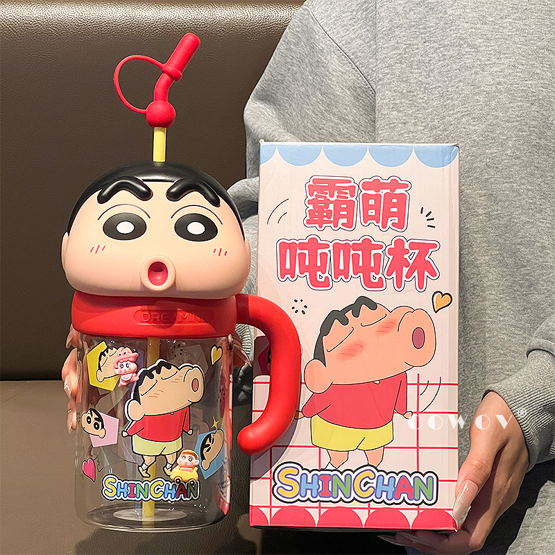 蜡笔小新联名水杯女生高颜值大容量吸管随手杯家用玻璃杯生日礼物