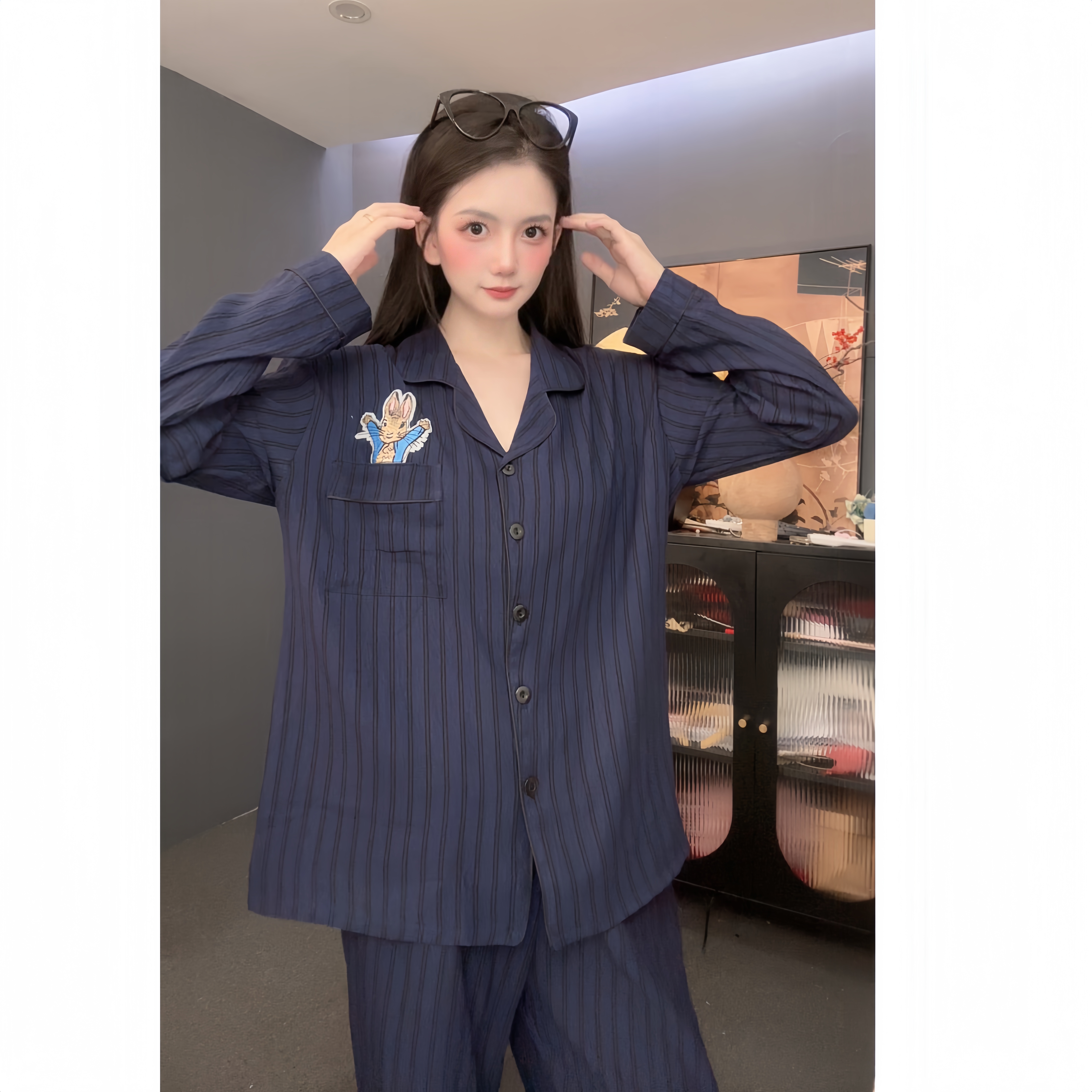 【哈喽兔】设计云朵棉长袖家居服套装春秋季可外穿条纹睡衣女