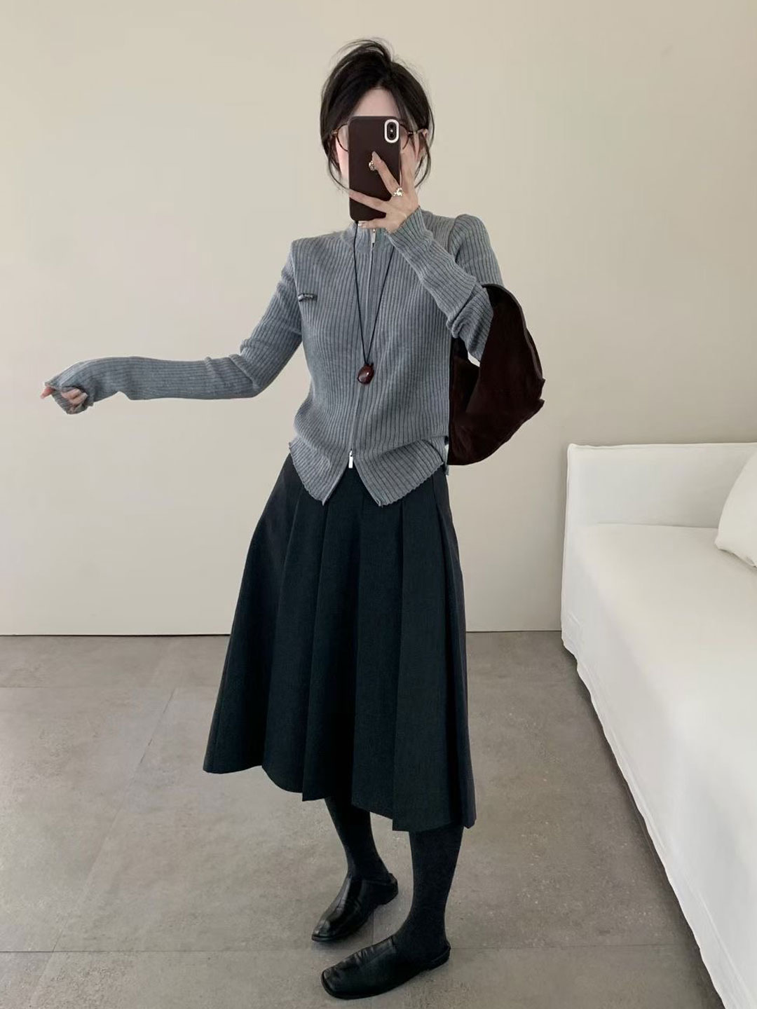 高级感简约风撞色双拉链坑条针织开衫修身显瘦毛衣外套上衣I6-33