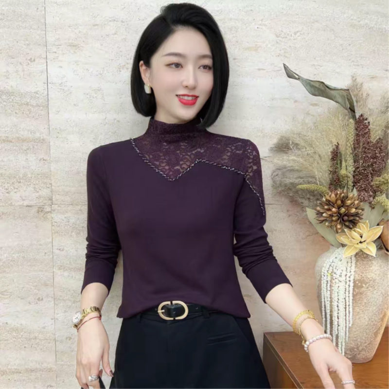 【歌莱图】2025秋季新款时尚百搭纯色烫钻半高领显瘦长袖小衫#9825