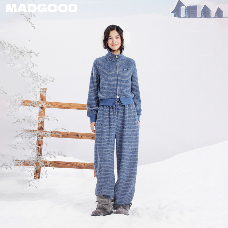 madgood马得工地日系含羊毛胸口logo立领修身条纹卫衣WY141604