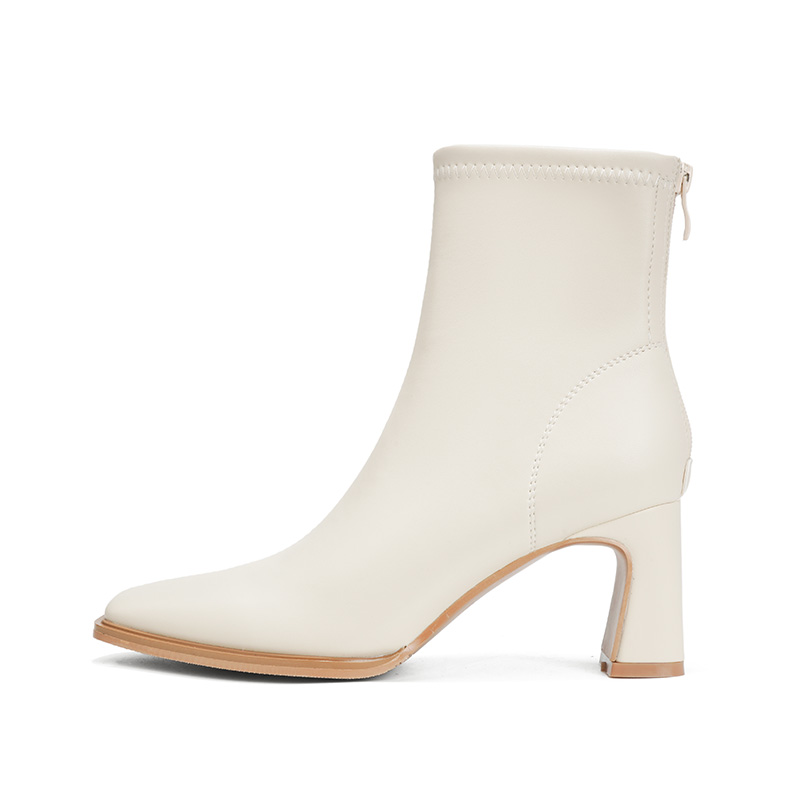 【甘师傅匠心之作】粗跟短靴女后拉链皮面尖头高跟瘦瘦靴中筒裸靴