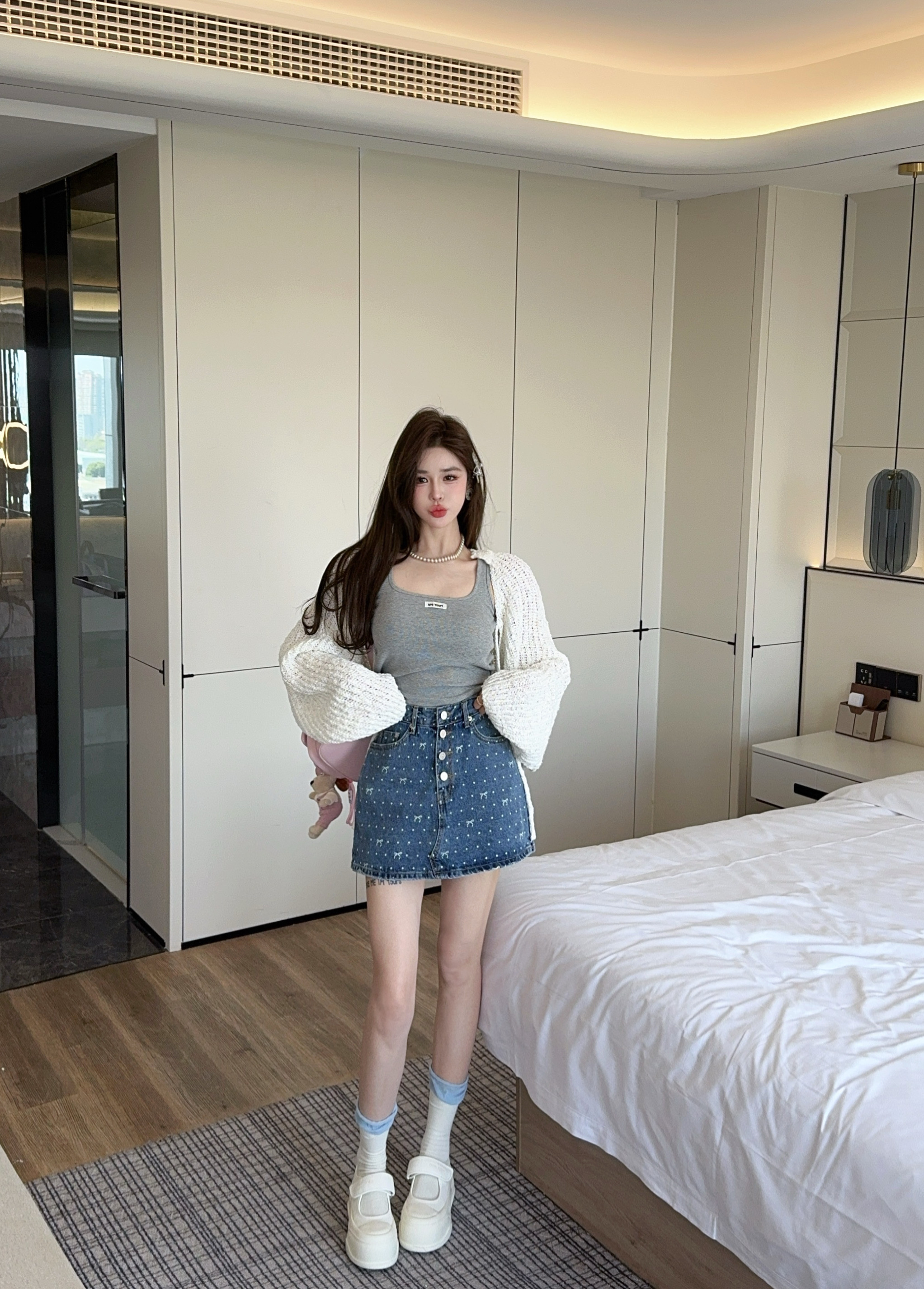 米娜家【花田美树】泡菜订制蝴蝶结波点牛仔裙裤