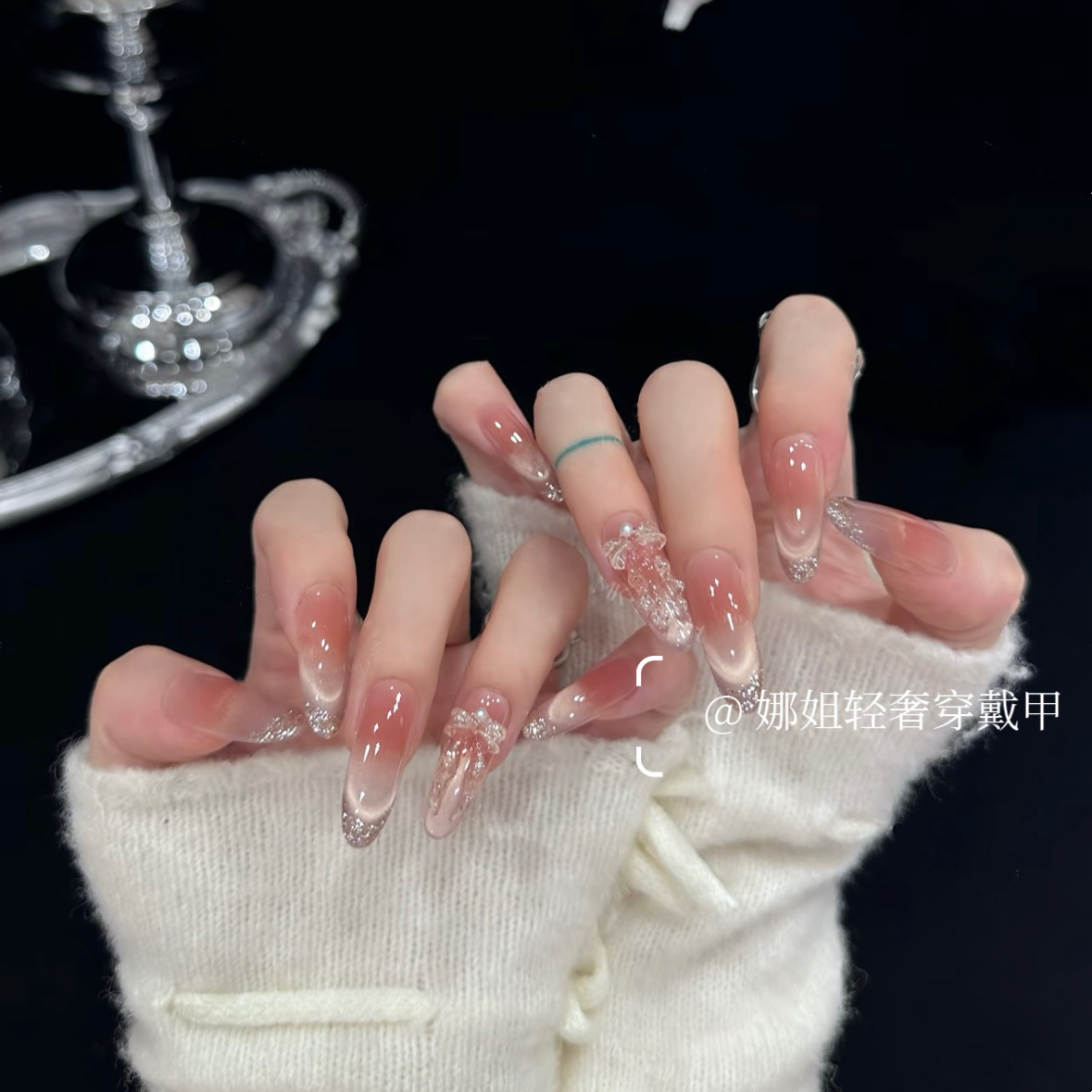 纯手工高级感爆闪猫眼珍珠蝴蝶银河梦里气质显白超长美甲甲片轻奢