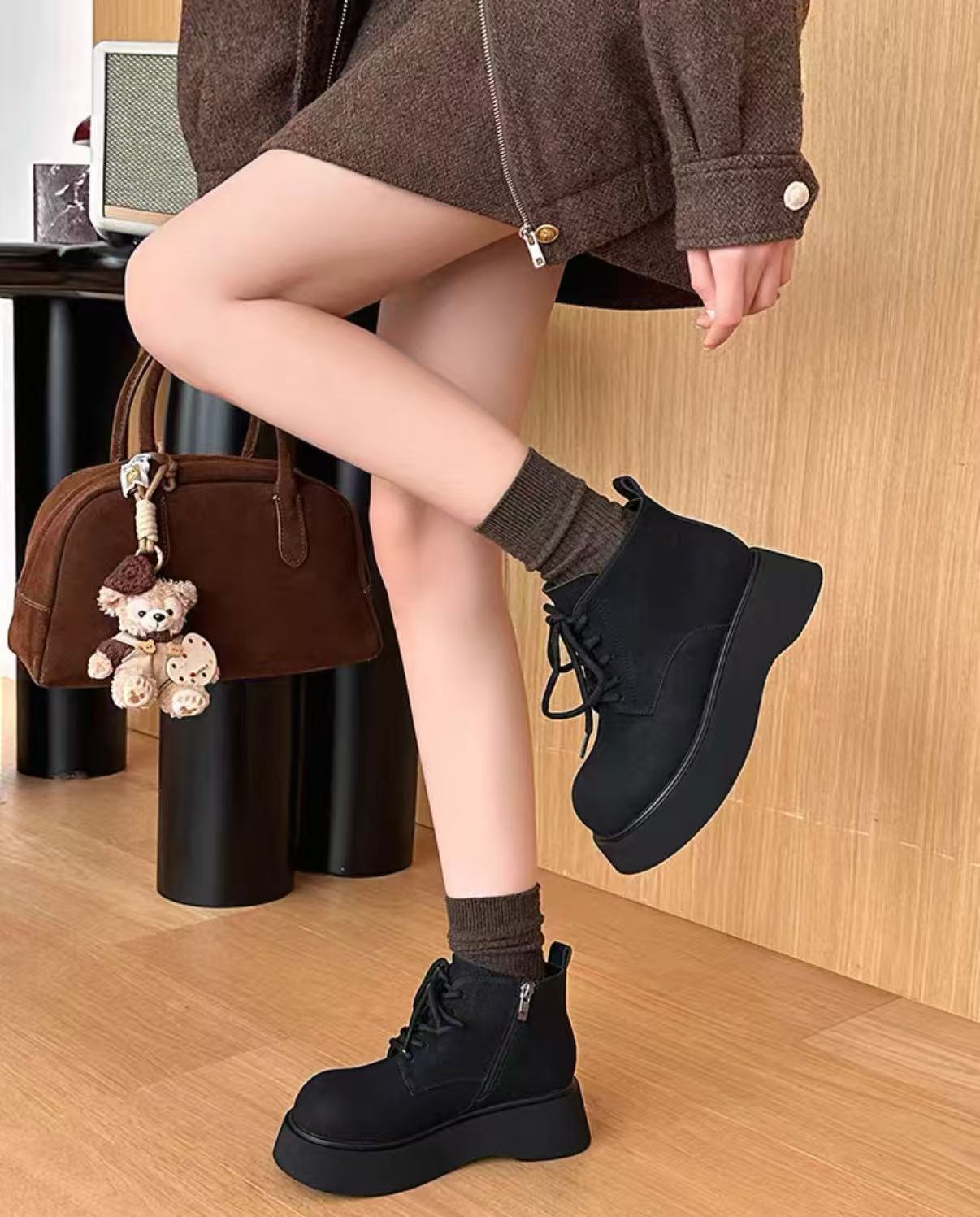 W871-2b厚底马丁靴女冬季新款小个子增高加绒保暖翻毛皮显瘦