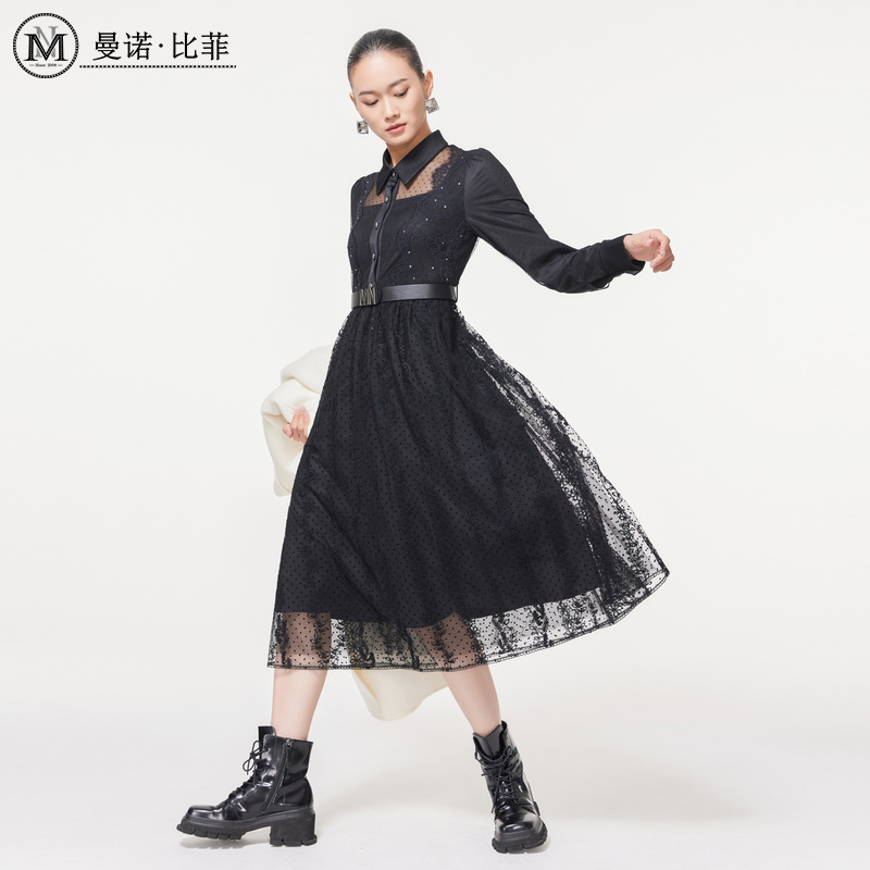 法式网纱拼接连衣裙MEEL143025