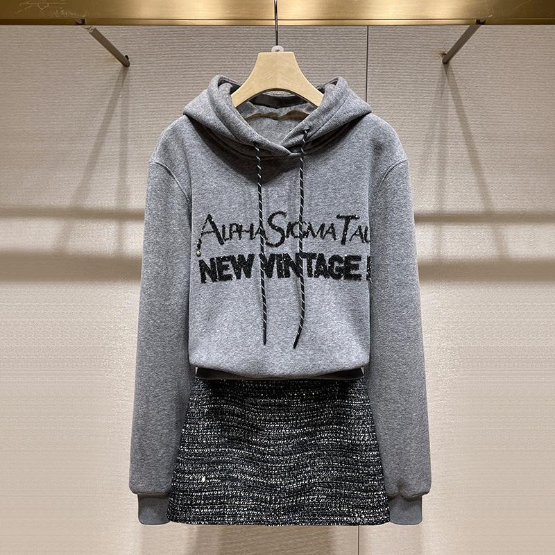 卫衣套装女秋冬2025新款重工亮片字母连帽上衣半身裙两件套