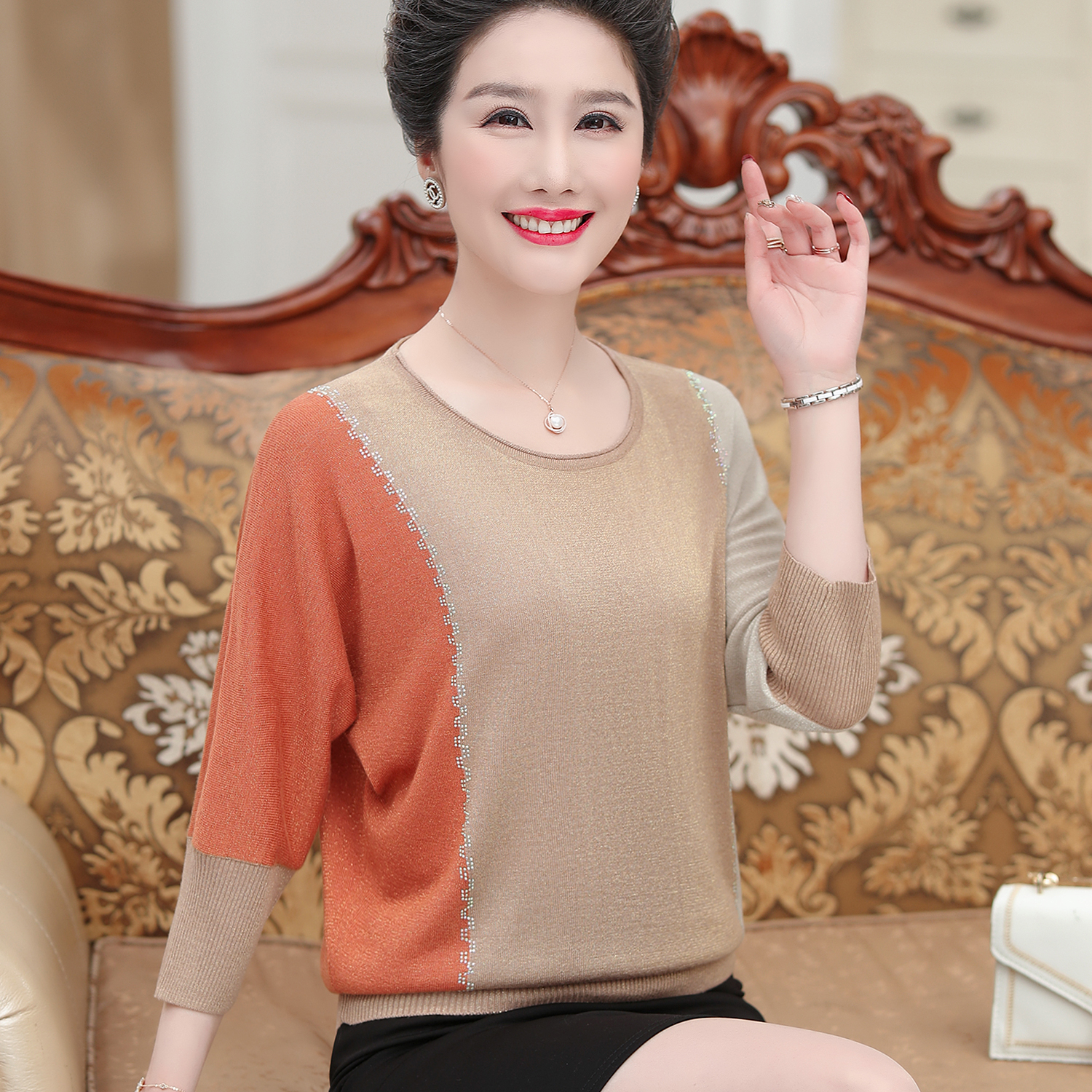 妈妈春秋新款七分袖阔太太针织衫上衣中老年女装洋气高贵母亲衣服