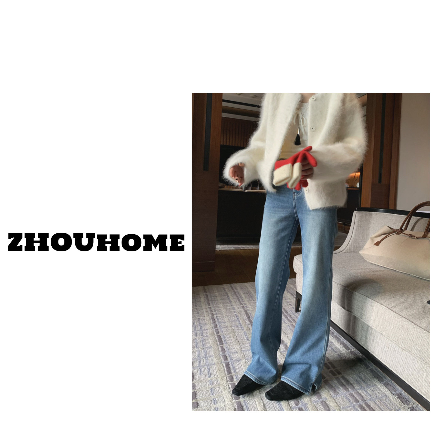 【周周服饰】欧货四面弹开叉微喇腿精裤女冬加绒加厚牛仔裤2025新款