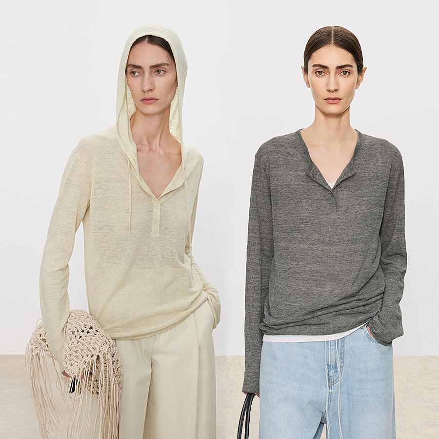 CHICJOC凉感混色肌理有机亚麻夹花纱 松弛复古亨利连帽/圆领上衣