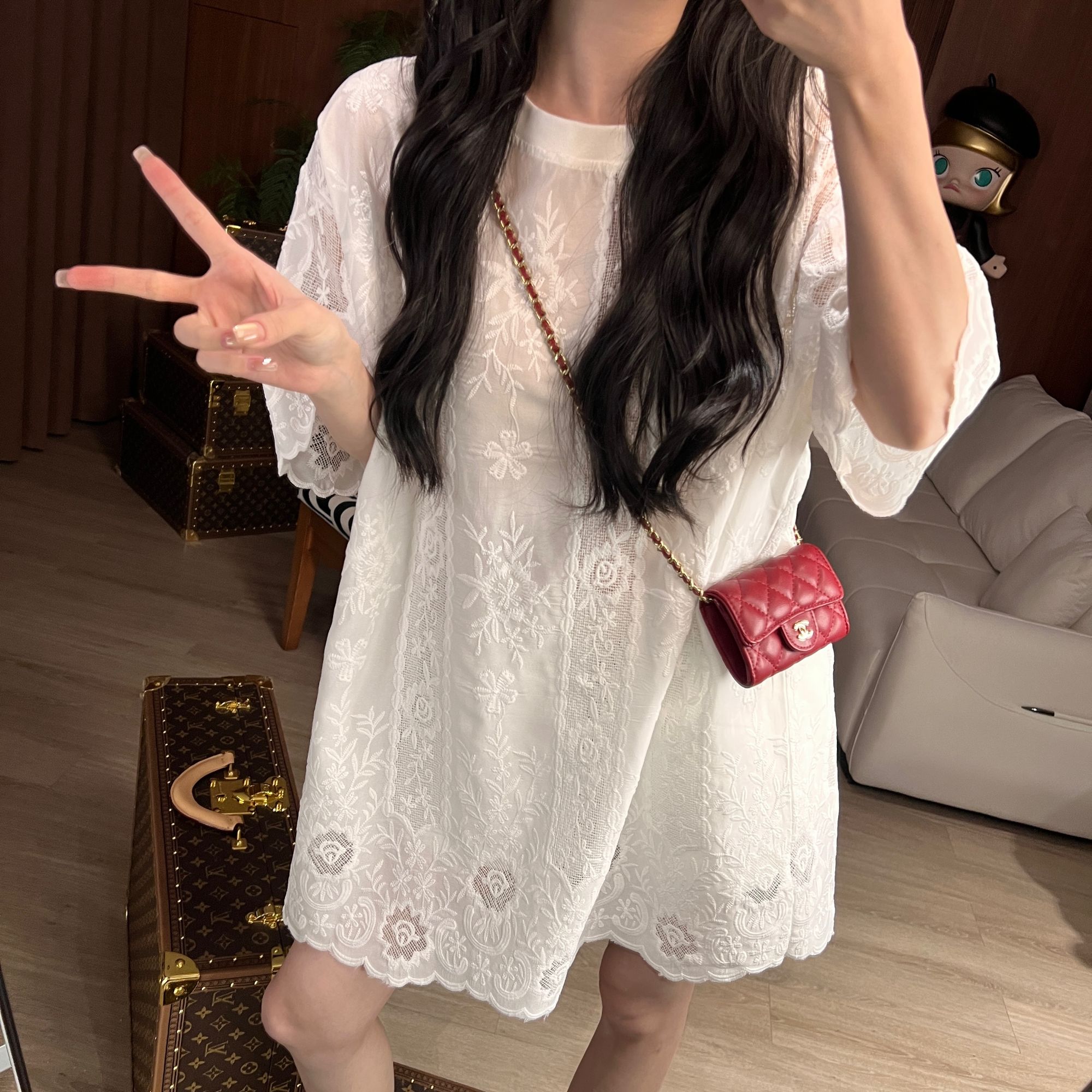 重工镂空花边短袖T恤女新款宽松设计感独特上衣YUNCU-6706