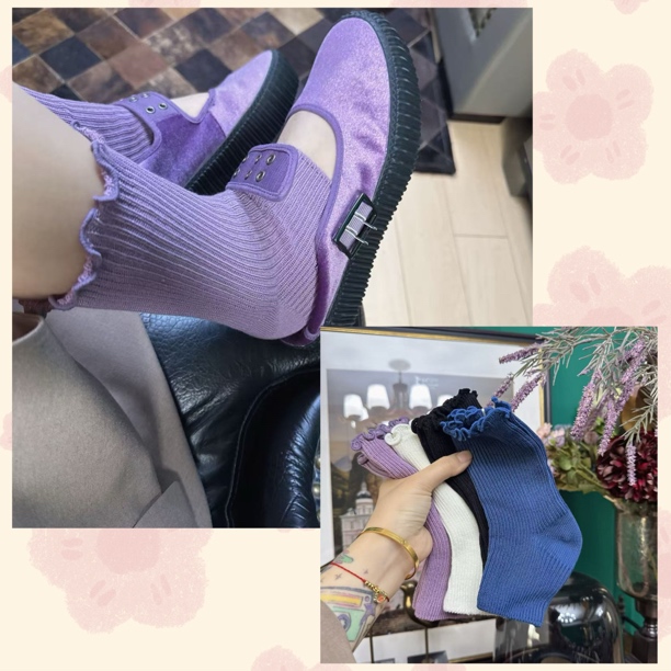 半脚踩木耳边袜子秋新款纯色木耳边棉袜双针时尚半截袜套半掌袜