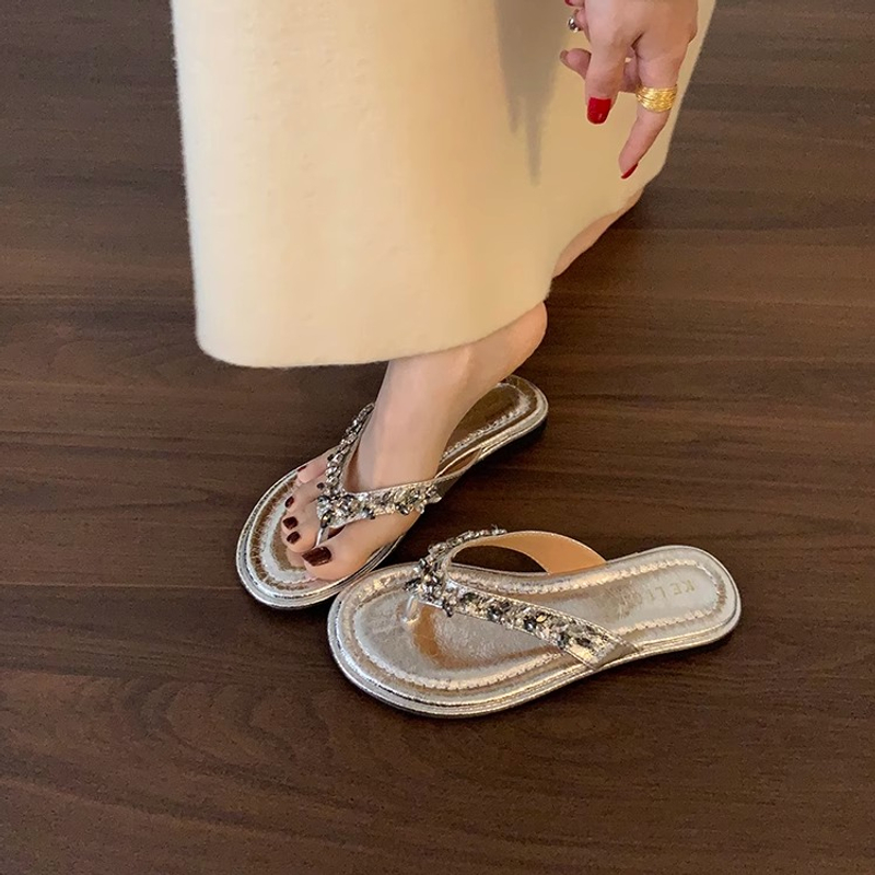 晚风仙女水钻人字拖夹脚拖鞋女鞋外穿海边配裙子银色凉拖鞋沙滩