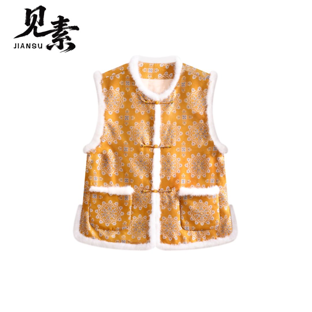 【鎏金织锦】国风盘扣毛边马甲女秋冬白绒镶边新中式外套JSNX0086