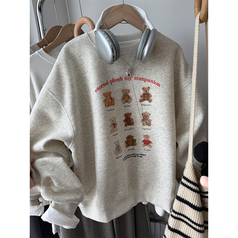韩式小熊印花圆领加绒上衣女百搭减龄加绒大码200斤胖mm秋冬卫衣