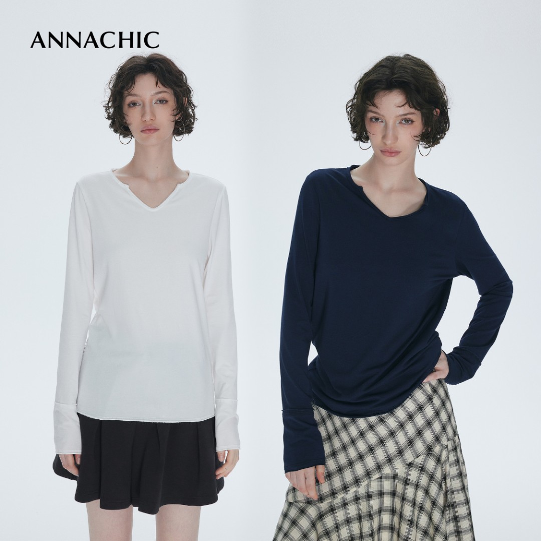 ANNACHIC“结构外露哲学”原创复古小v领长袖t恤女宽松打底衫上衣