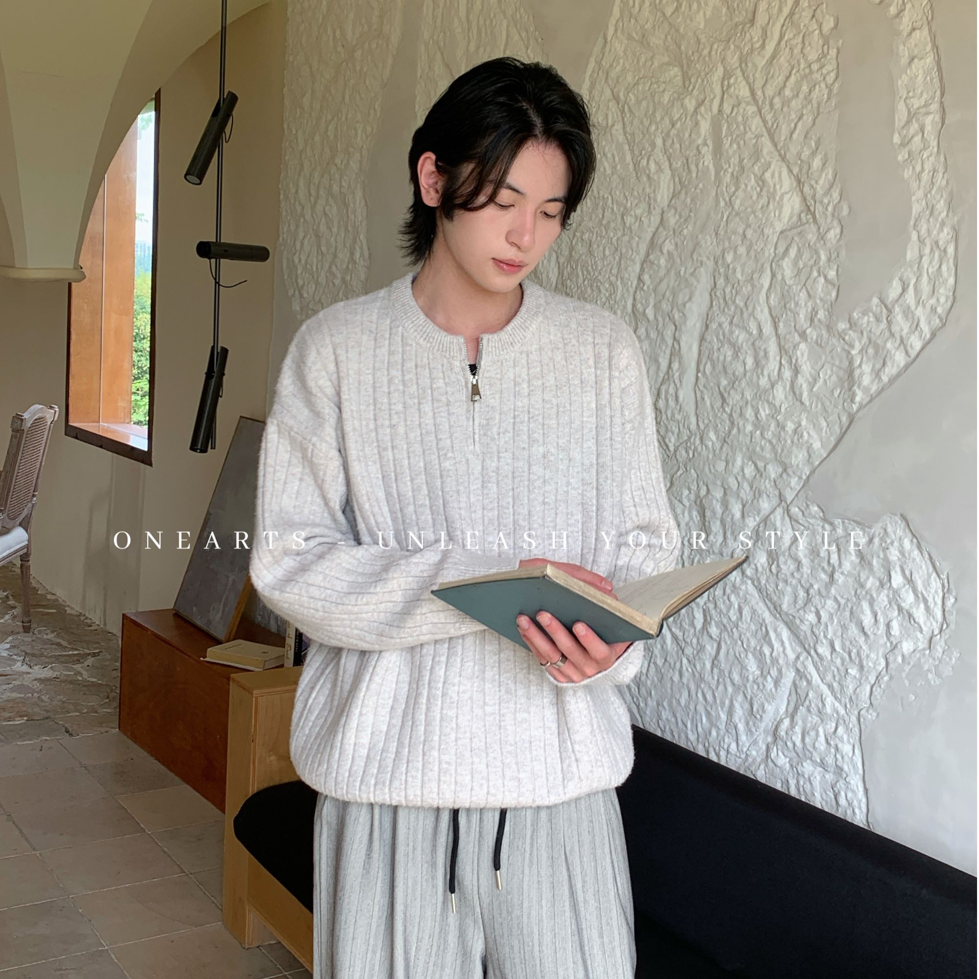 【ONEARTS毛衣】老钱风7针美式百搭衫纯色圆领半拉链针织休闲毛衣