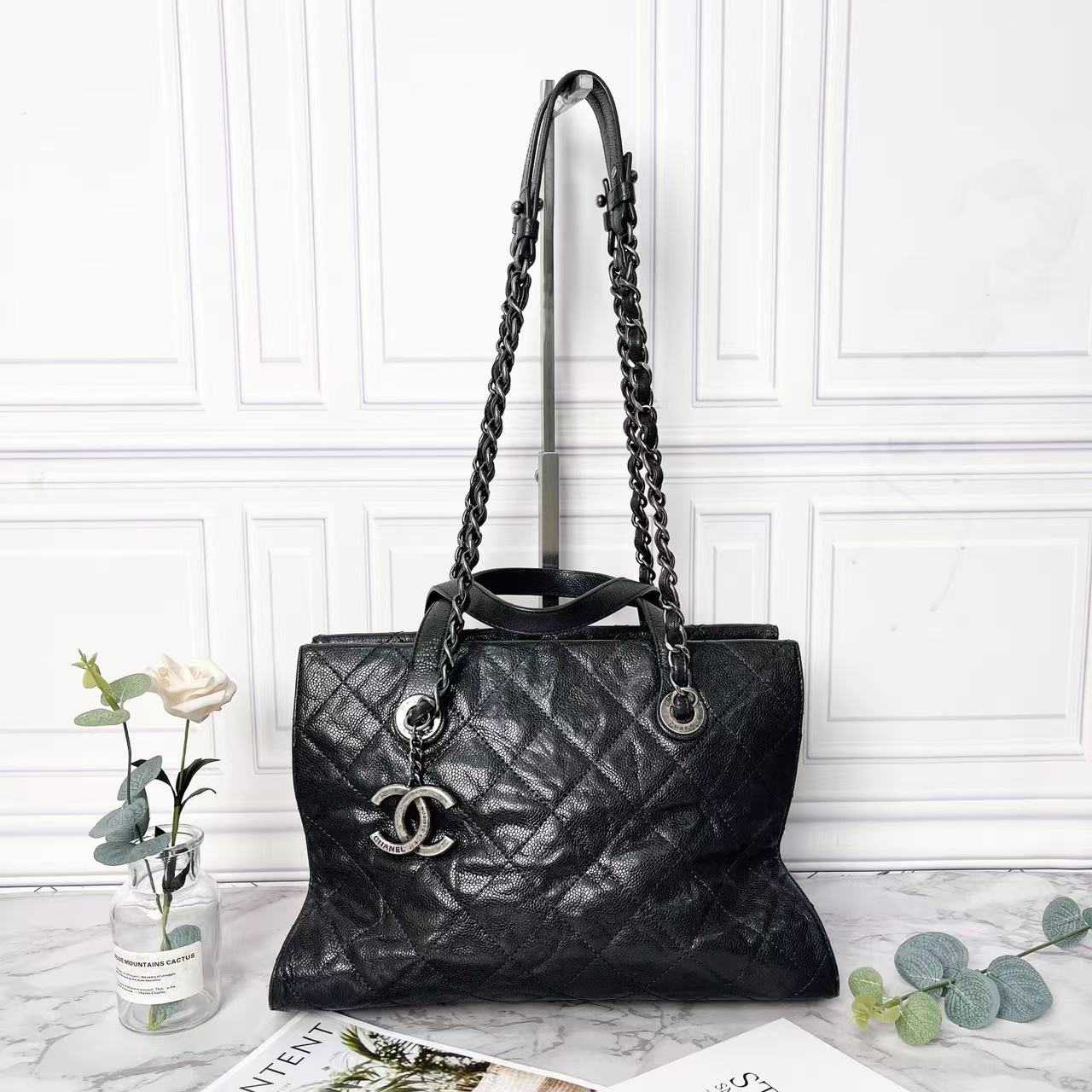 95新 Chanel/香奈儿 蓝色荔枝纹牛皮单肩托特包时尚