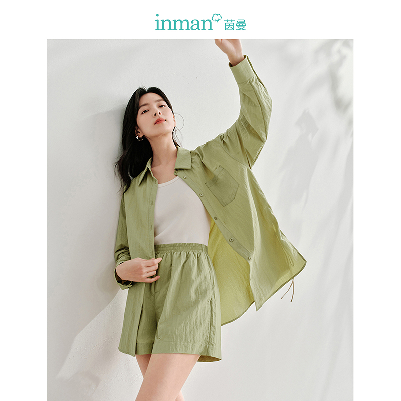 茵曼2024夏季新款女衬衫上衣外套长袖女士亚麻泡泡袖宽松碎花印花