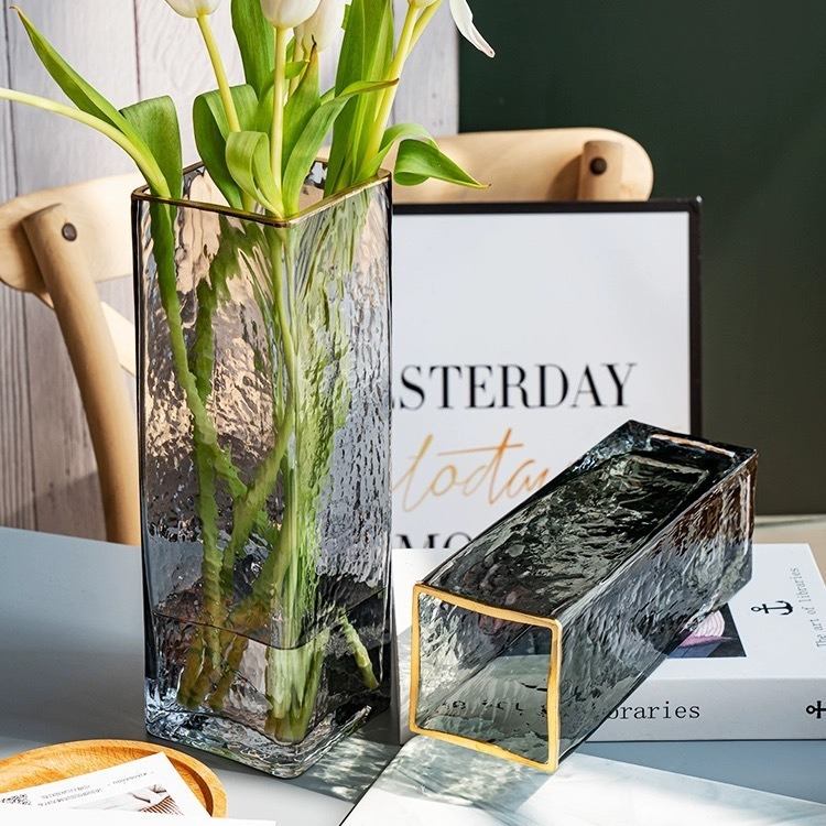 批发描金玻璃花瓶大号透明方形创意水培植物鲜花插花瓶器皿