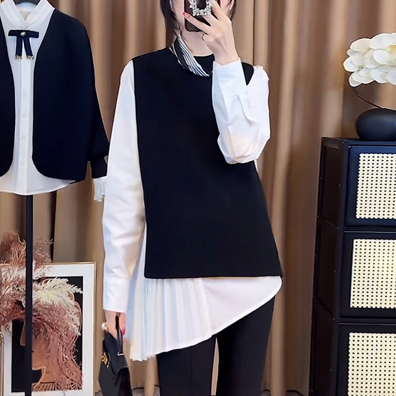 2025秋季时尚休闲套装女洋气减龄叠穿内搭打底衬衫针织马甲两件套