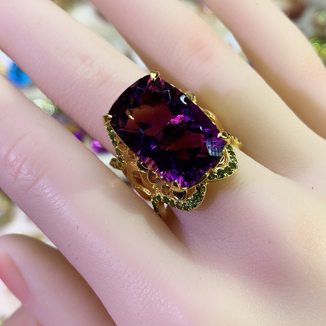 紫晶戒指银S925镀金镶嵌