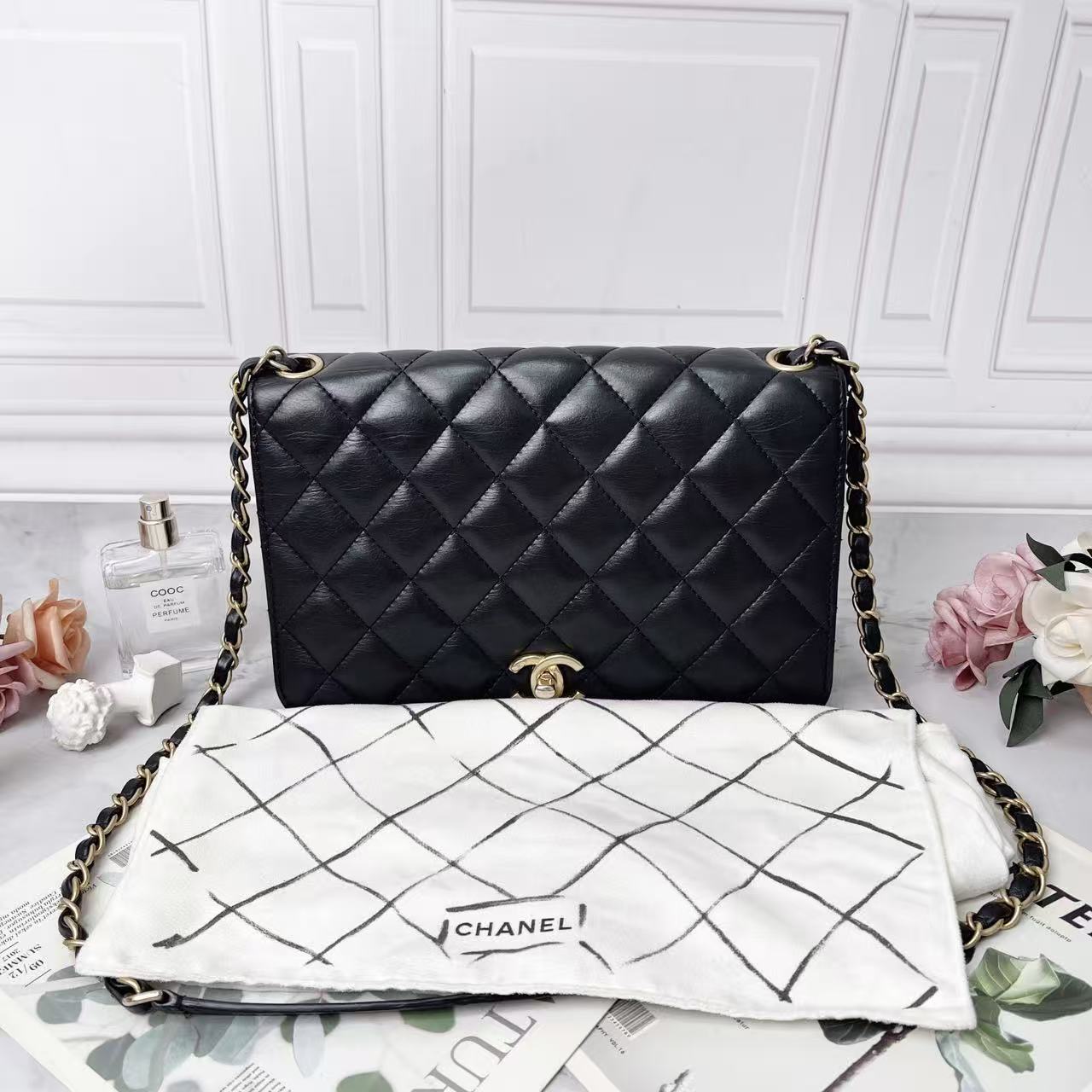 95新 Chanel/香奈儿 黑色菱格纹羊皮金扣双CLogo翻盖风琴包链条包