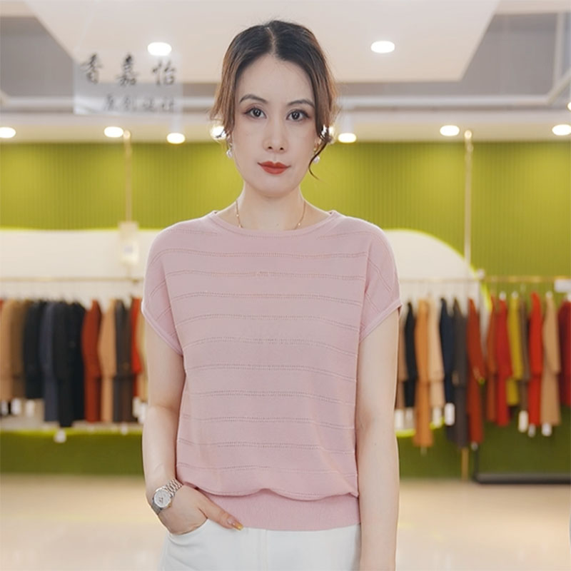 【香嘉怡新品】XJYE2032女士上衣100莱赛尔圆领横纹针织衫夏季