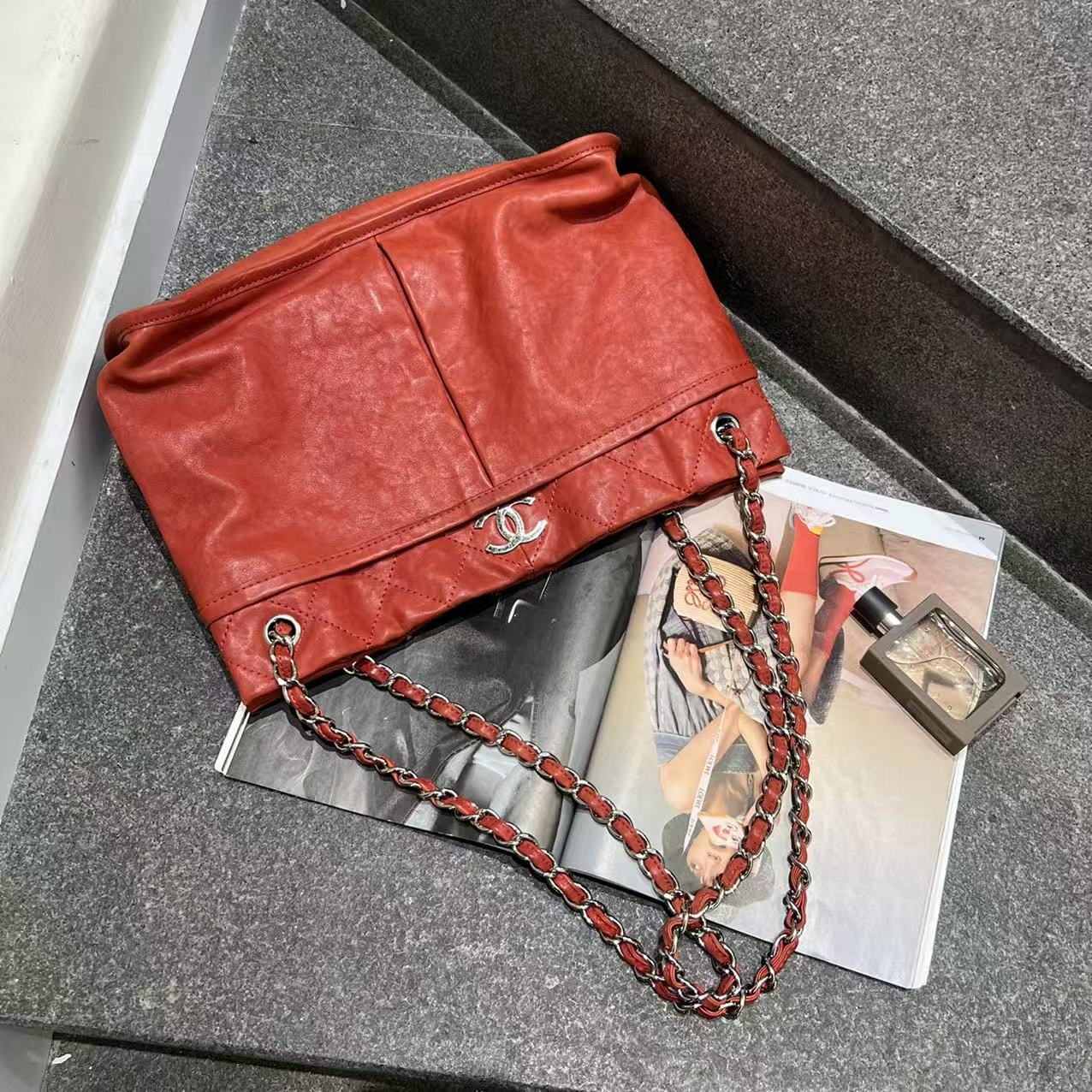 95新 Chanel/香奈儿 红色链条托特2.55单肩斜挎包A1355