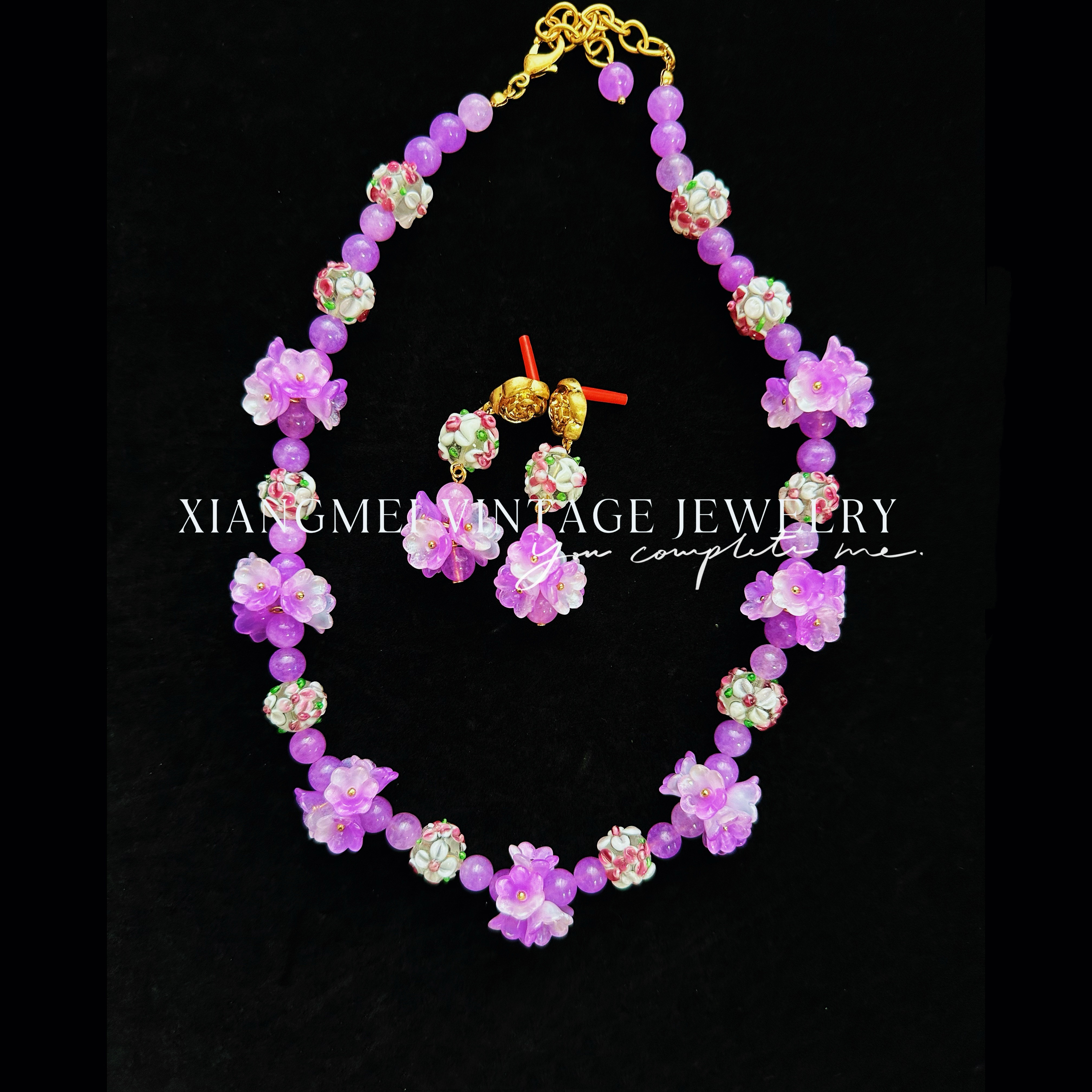 铜合金耳饰 5181530【中意你】中古风百搭气质款粉色琉璃耳饰套装