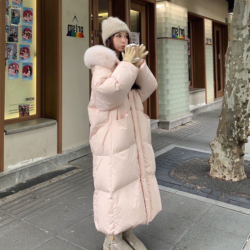 粉色高级感减龄毛领棉衣棉服女2025冬季新款过膝保暖韩系时尚棉袄