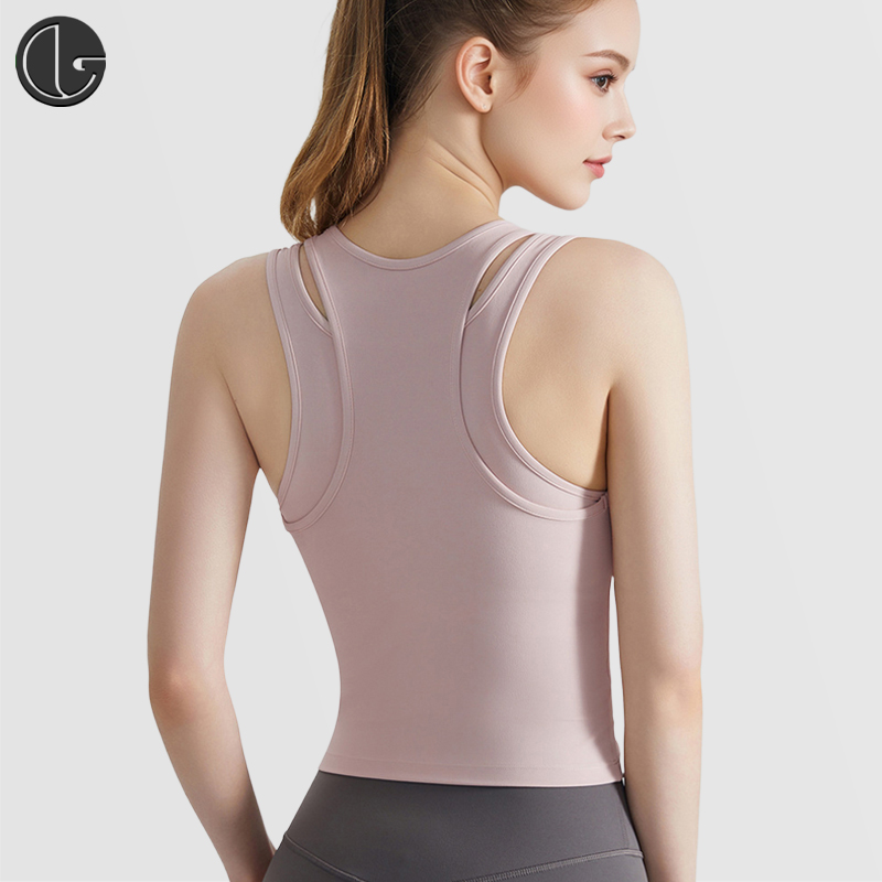 运动背心一体杯宽肩带高强度工字美背长款假两件瑜伽背心女
