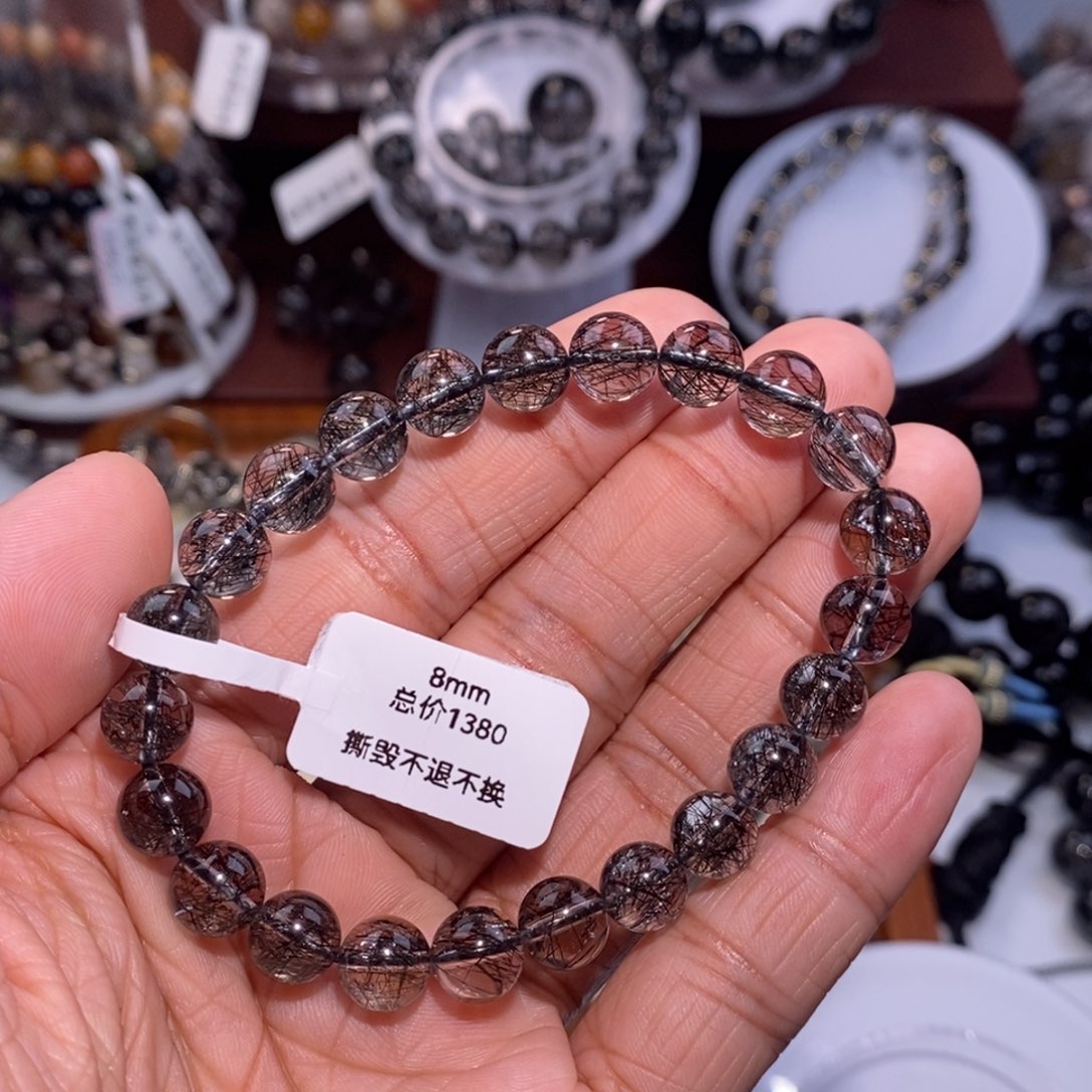 水晶手链未镶嵌黑发晶全透体满发烟花蕾丝8mm