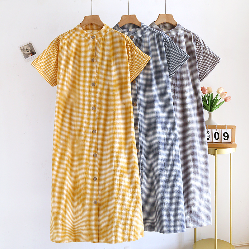 夏季全棉格纹长款设计感中长款格子立领显瘦复古单排多扣气质短袖