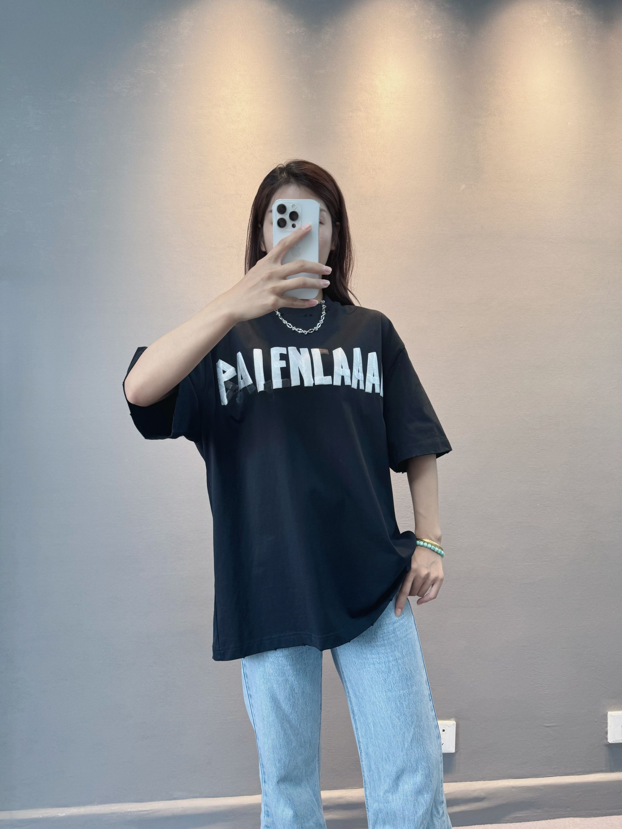 【YIEN巴黎】2387胶带系列男女同款纯棉休闲宽松短T