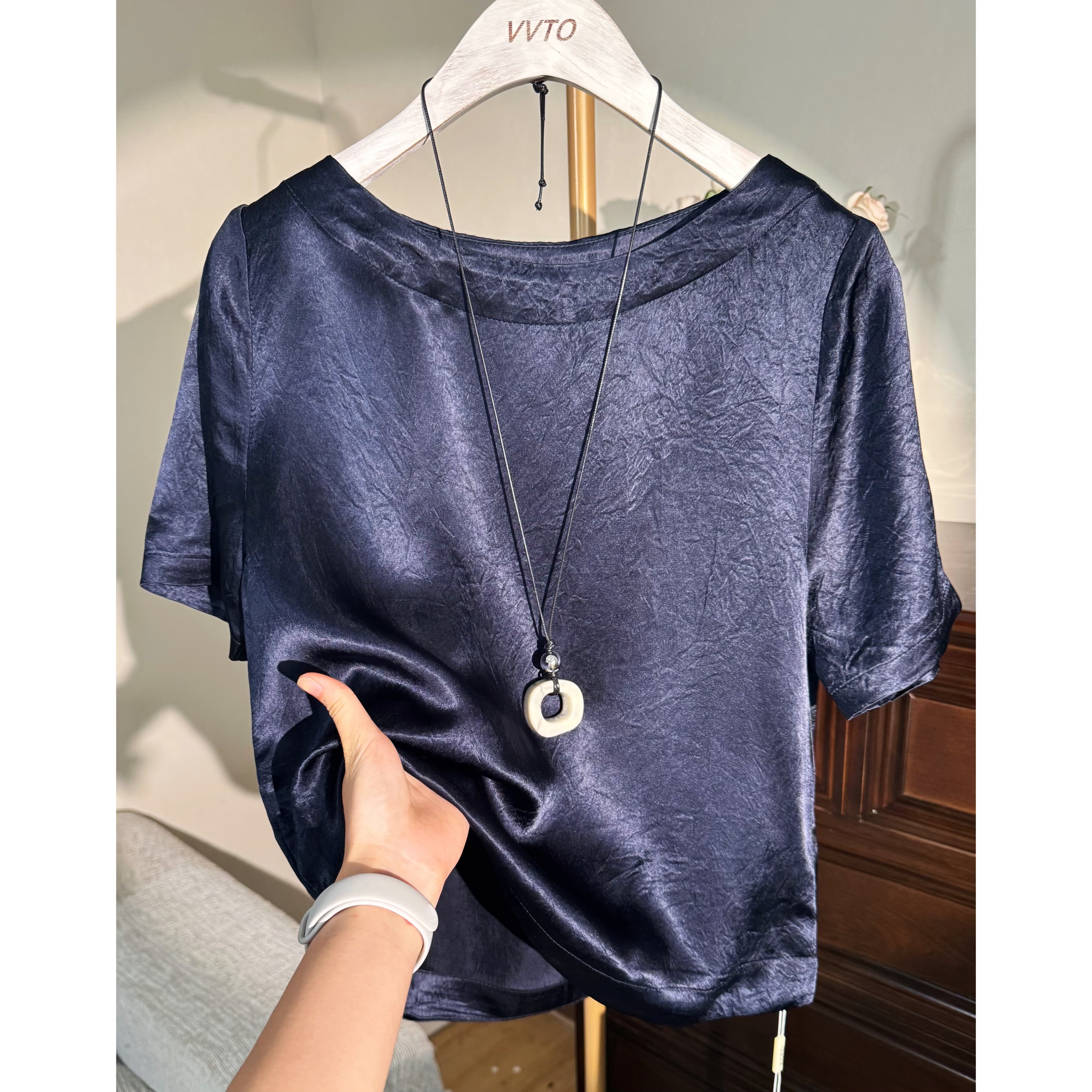 百分百纯醋酸2025年夏季爆款圆领透气百搭纯色薄款上衣女