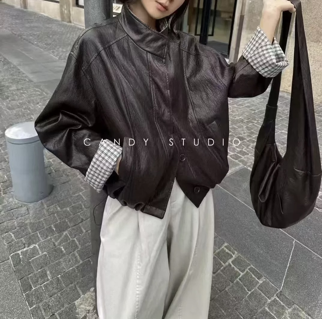 春季厚款短款休闲皮衣长袖网红春款漆皮宽松立领薄款